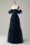 A-line af skulderen Sweetheart Tulle Navy Long Prom Kjole