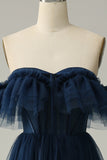 A-line af skulderen Sweetheart Tulle Navy Long Prom Kjole