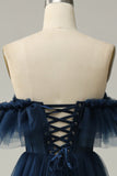 A-line af skulderen Sweetheart Tulle Navy Long Prom Kjole