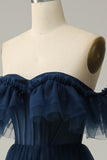 A-line af skulderen Sweetheart Tulle Navy Long Prom Kjole