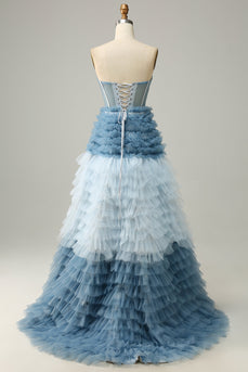 A Line Sweetheart Grey Blue Long Prom Dress med flæser