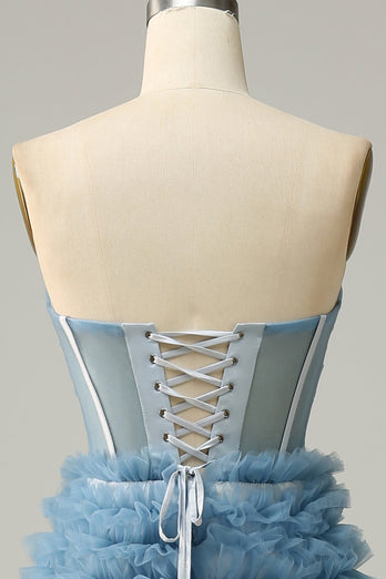 A Line Sweetheart Grey Blue Long Prom Dress med flæser
