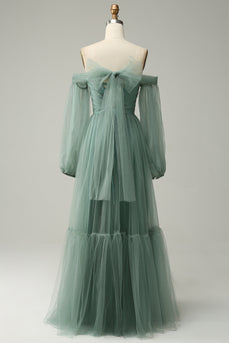 Fra skulderen Grågrøn A-Line Tull Prom kjole med lange ærmer