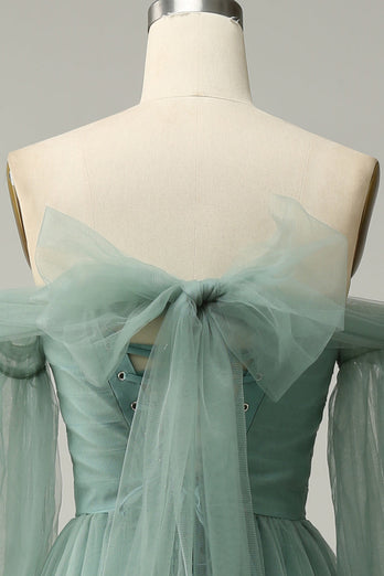 Fra skulderen Grågrøn A-Line Tull Prom kjole med lange ærmer