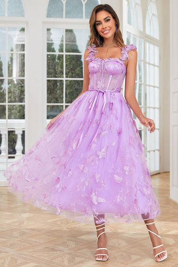 Unik A Line Purple Corset Prom Dress med sommerfugle applikationer