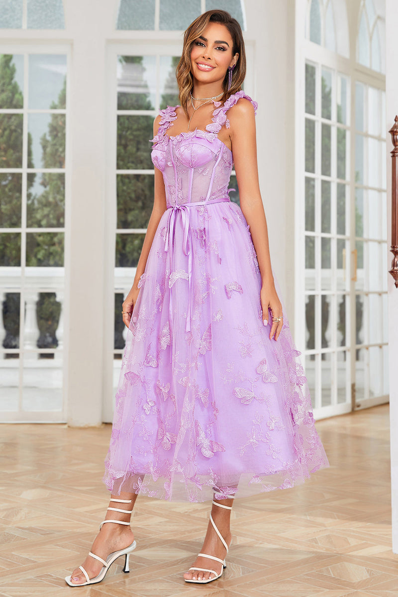 Indlæs billede til gallerivisning Unik A Line Purple Corset Prom Dress med sommerfugle applikationer