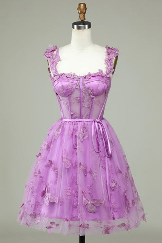 Sød A Line Sweetheart Purple Corset Homecoming Dress med applikationer