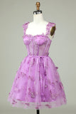 Sød A Line Sweetheart Purple Corset Homecoming Dress med applikationer