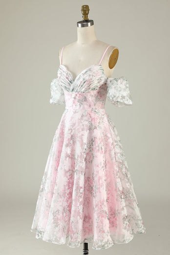 A-Line kold skulder blomst trykt pink cocktail kjole