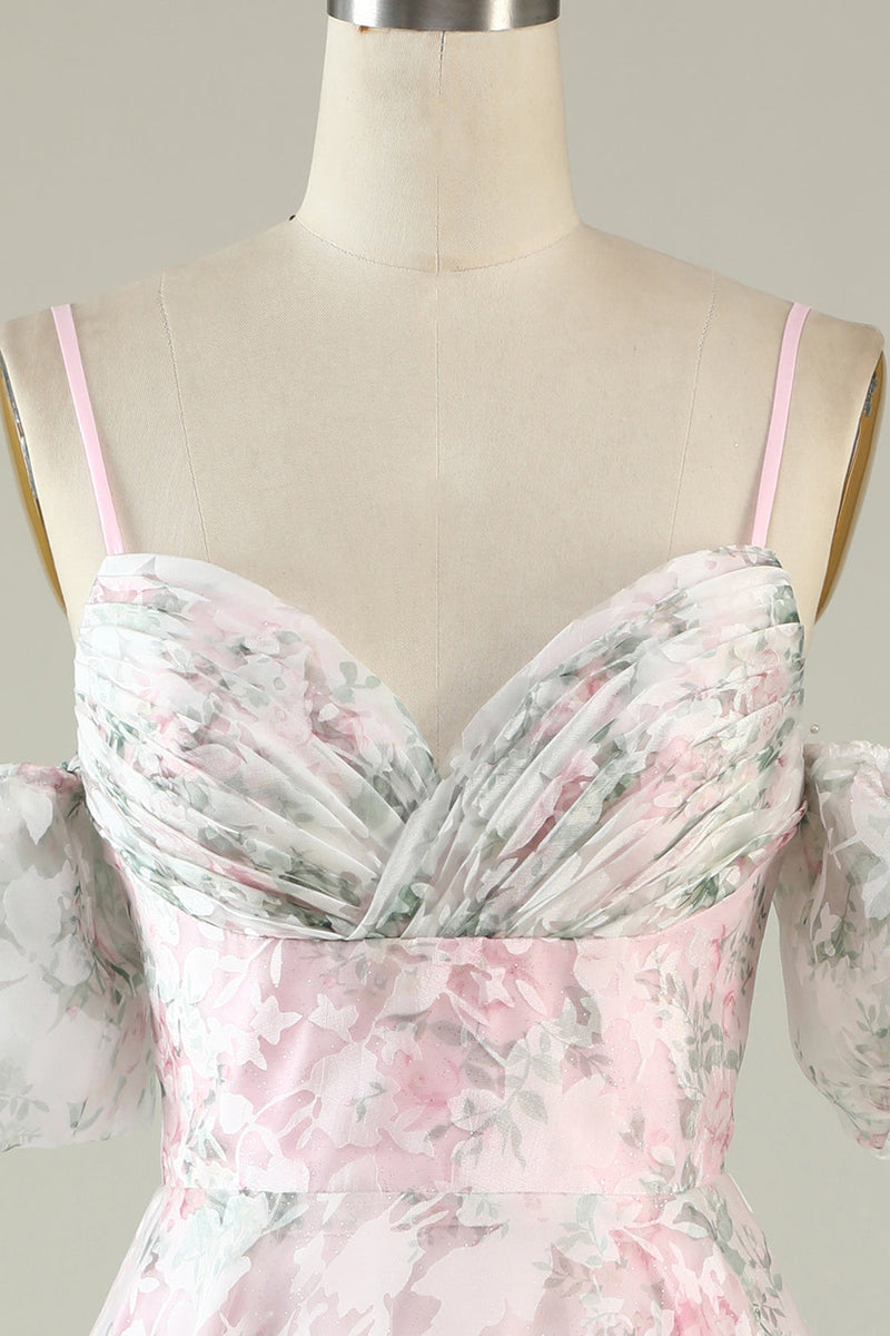 Indlæs billede til gallerivisning A-Line kold skulder blomst trykt pink cocktail kjole
