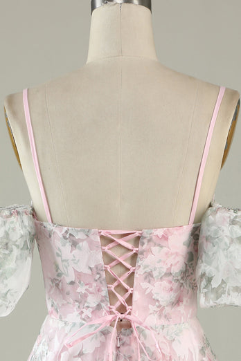 A-Line kold skulder blomst trykt pink cocktail kjole