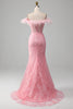 Indlæs billede til gallerivisning Havfrue fra skulderen glitrende lyserøde fjer korset gallakjole med slids
