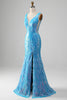 Indlæs billede til gallerivisning Glitrende blå havfrue V-hals lang gallakjole med slids