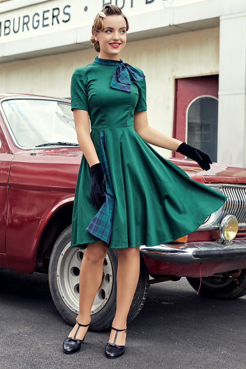 Indlæs billede til gallerivisning Grøn Plaid gynge Vintage 1950&#39;erne kjole