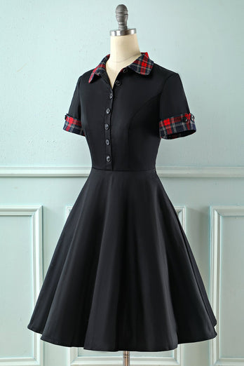 Sort revers hals Plaid Vintage 1950'erne Kjole