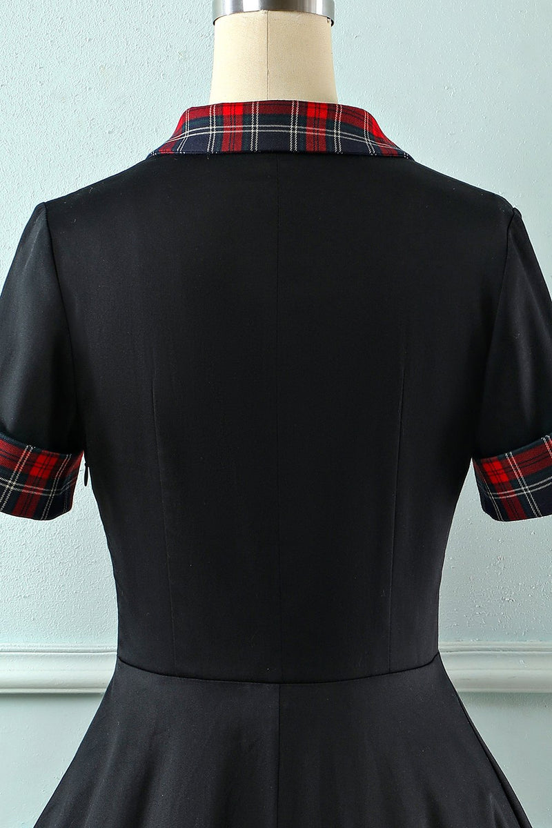 Indlæs billede til gallerivisning Sort revers hals Plaid Vintage 1950&#39;erne Kjole