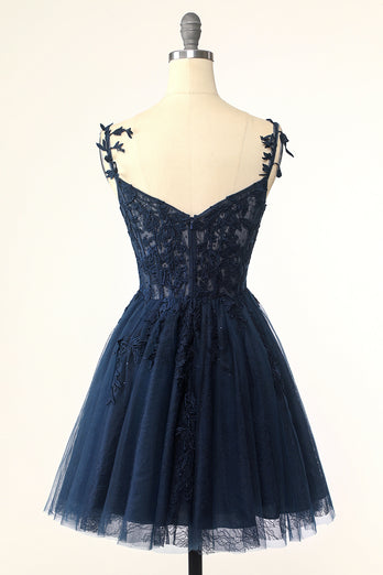 Navy Spaghetti Stropper Kort Homecoming Kjole med Appliques