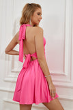 Fuchsia Halter Rygløs Blonde Up Homecoming Kjole