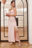 Indlæs billede til gallerivisning Lyserøde spaghettistropper udskåret brudekjole med sløjfe