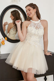 Champagne Beaded Halter Tulle Sød Cocktail Kjole