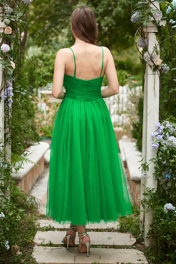 Grøn Tulle A-line Midi Prom kjole med flæser