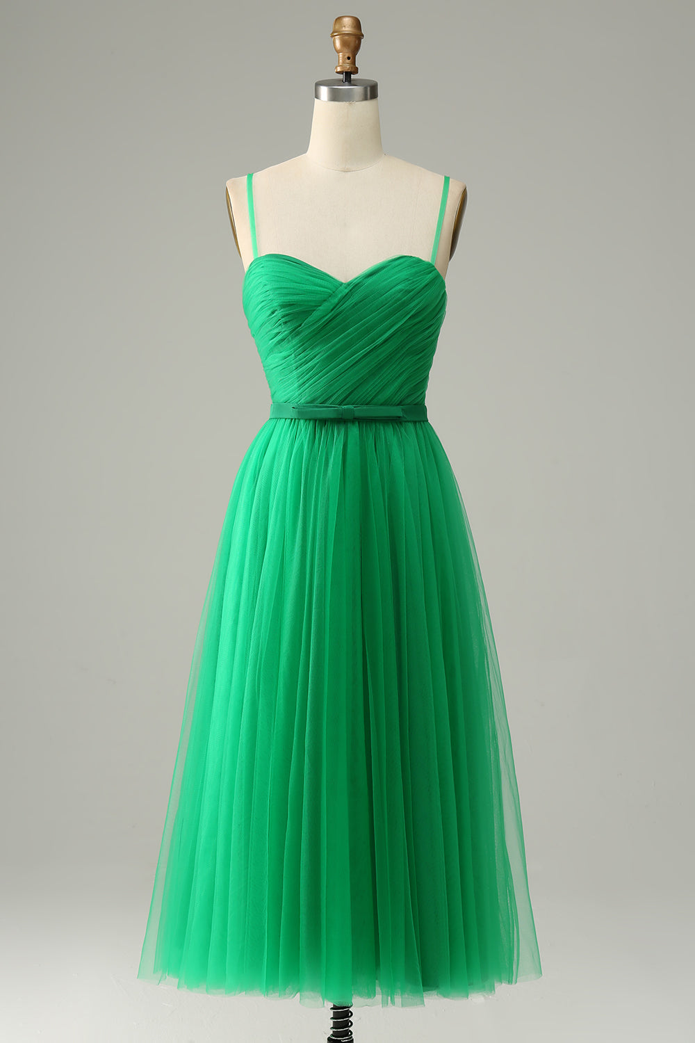 Grøn Tulle A-line Midi Prom kjole med flæser