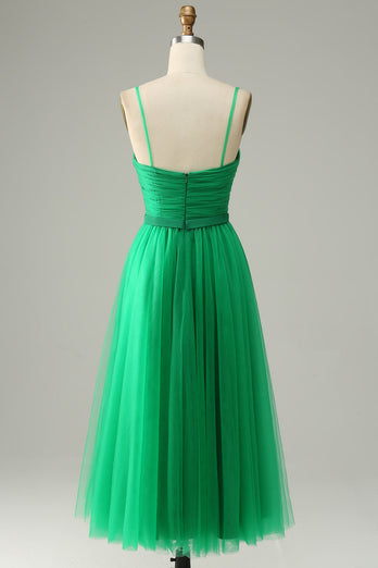 Grøn Tulle A-line Midi Prom kjole med flæser