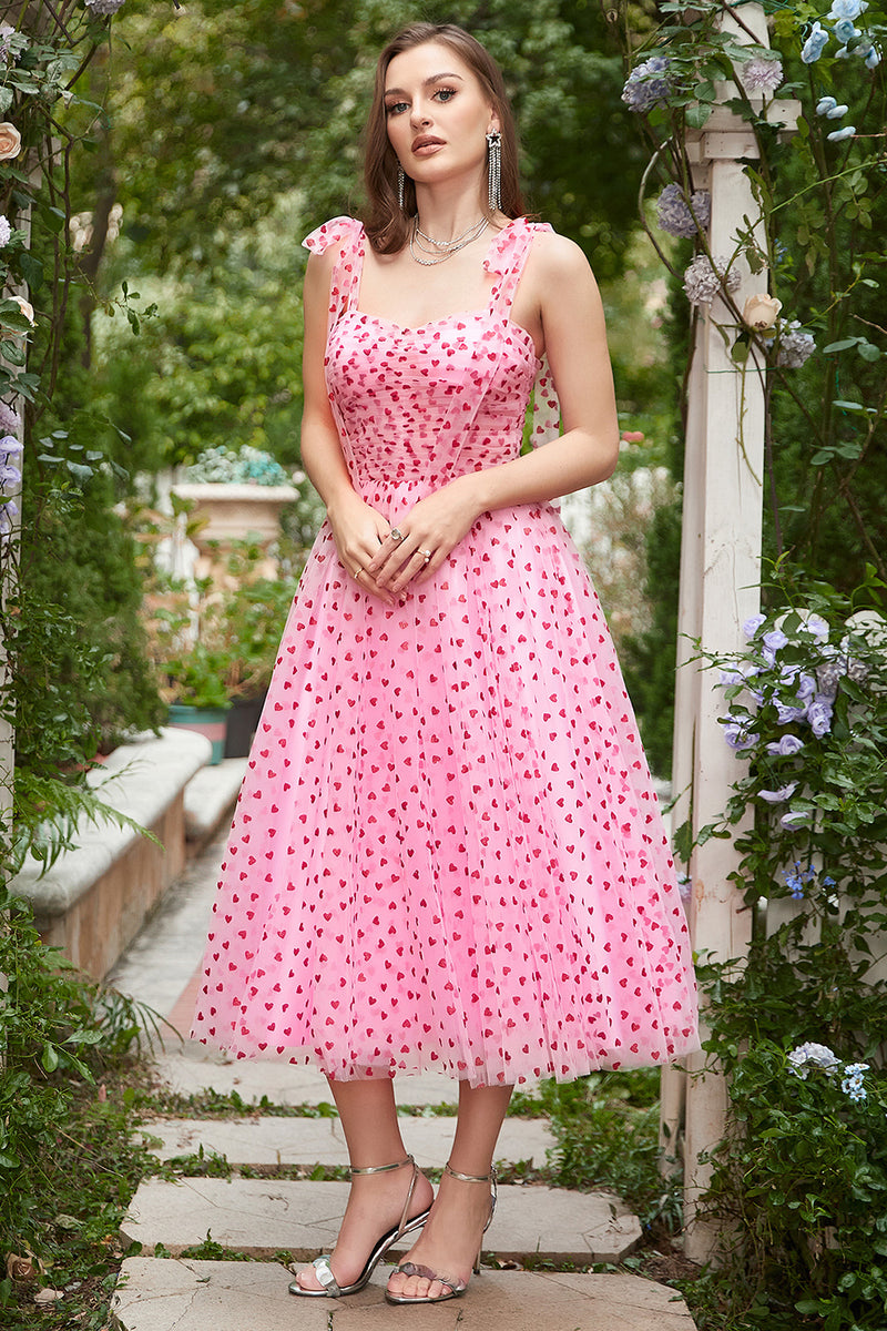 Indlæs billede til gallerivisning Pink Tulle A-line Midi Prom kjole med hjerter