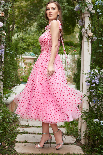 Pink Tulle A-line Midi Prom kjole med hjerter