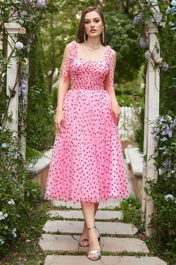 Pink Tulle A-line Midi Prom kjole med hjerter