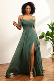 Eucalyptus Ruched Lace-Up Back Long Chiffon Brudepige Kjole