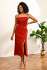 Indlæs billede til gallerivisning Rød Chiffon Mid-Calf Brudepige kjole med slids