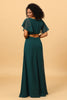 Indlæs billede til gallerivisning Mørkegrøn V-hals lang chiffon brudepige kjole med flæser