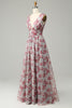 Indlæs billede til gallerivisning Grå og lyserød blomstret lang brudepigekjole