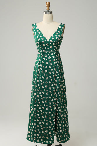 Kappe V hals grøn formel kjole med slids
