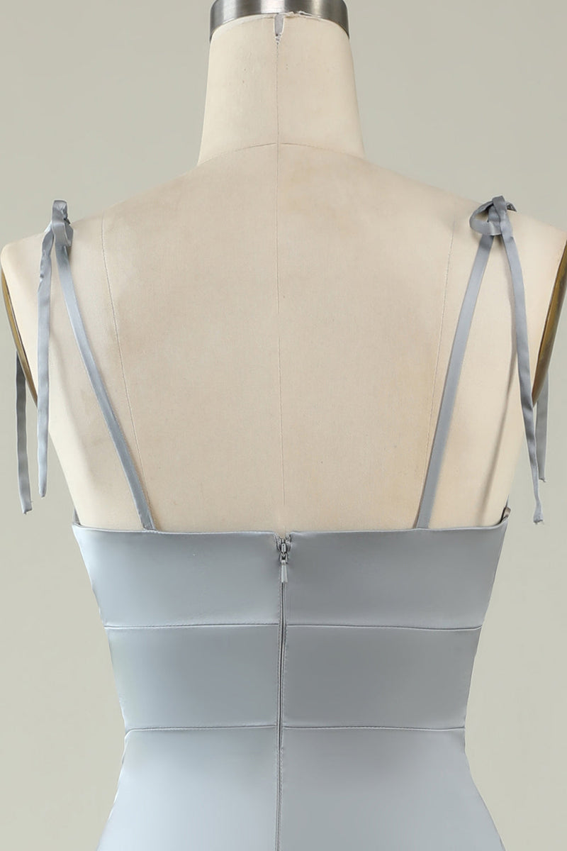 Indlæs billede til gallerivisning Spaghetti stropper Satin grå brudepigekjole med slids