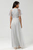 Indlæs billede til gallerivisning Klassisk elegance A-line juvelhals grå lang brudepigekjole med korte ærmer
