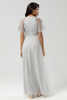 Klassisk elegance A-line juvelhals grå lang brudepigekjole med korte ærmer