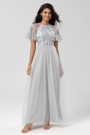 Klassisk elegance A-line juvelhals grå lang brudepigekjole med korte ærmer