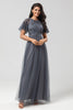 Indlæs billede til gallerivisning Klassisk elegance A-line juvelhals grå lang brudepigekjole med korte ærmer
