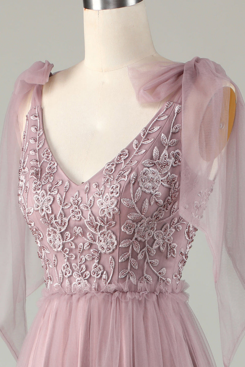 Indlæs billede til gallerivisning Tyl V-hals støvet pink brudepigekjole med perle