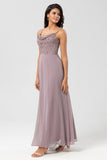 Certifiably Chic A Line Spaghetti Straps Dusty Pink Long Brudepige Kjole med Beaded