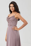 Certifiably Chic A Line Spaghetti Straps Dusty Pink Long Brudepige Kjole med Beaded