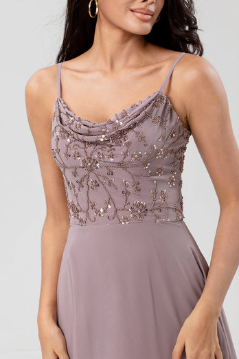 Certifiably Chic A Line Spaghetti Straps Dusty Pink Long Brudepige Kjole med Beaded