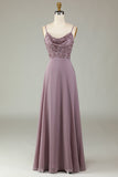 Certifiably Chic A Line Spaghetti Straps Dusty Pink Long Brudepige Kjole med Beaded