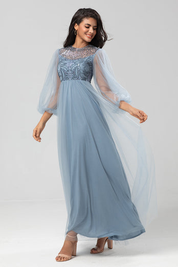 Chic romantisk A Line juvelhals grå blå lang brudepigekjole med lange ærmer