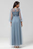 Indlæs billede til gallerivisning Chic romantisk A Line juvelhals grå blå lang brudepigekjole med lange ærmer