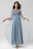 Indlæs billede til gallerivisning Chic romantisk A Line juvelhals grå blå lang brudepigekjole med lange ærmer