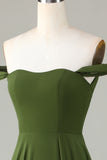 A-Line Off The Shoulder Olive Brudepigekjole med slids