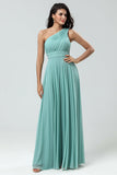 Bedøvelse A Line One Shoulder Sea Glass Long Brudepige Kjole med Ruched
